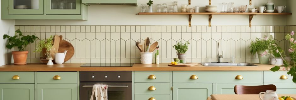 Cozinha aconchegante e organizada com armários verdes e bancada de madeira, como inspiração para um lar mais prático e sustentável.