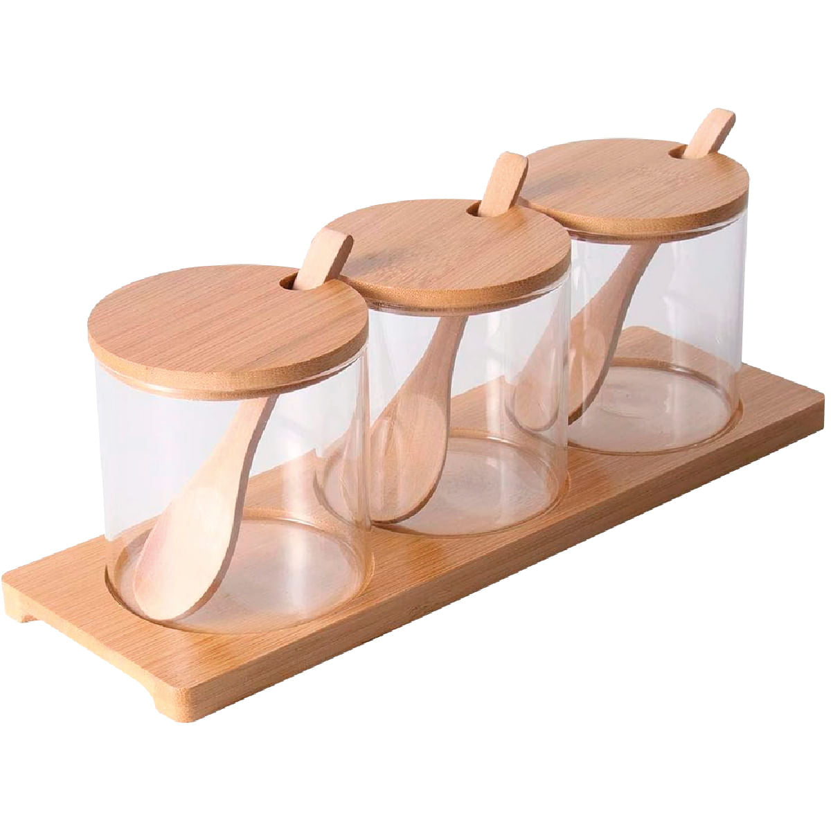 Kit completo de porta-temperos com 3 potes de vidro, 3 colheres, 3 tampas e um suporte de bambu, em fundo branco.