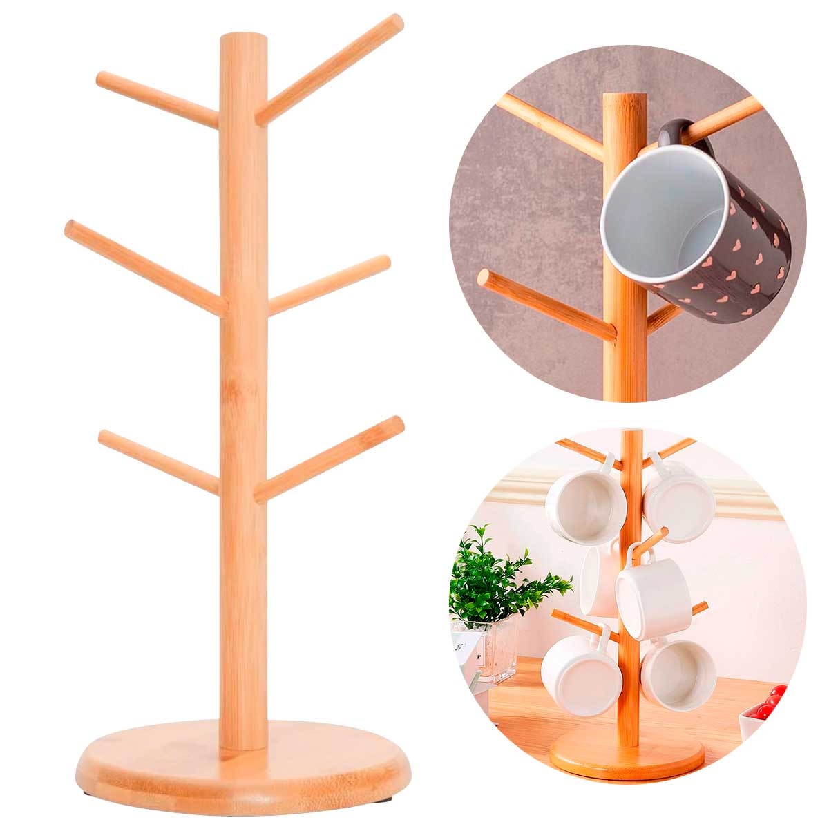 Suporte para canecas de bambu vazio, com detalhes em destaque da base redonda e dos ganchos superiores.