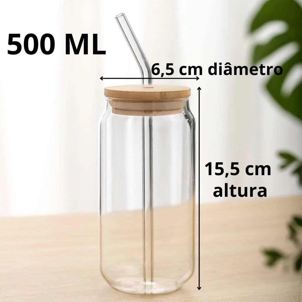 Infográfico mostrando as dimensões do copo de vidro: 500ml de capacidade, 15.5 cm de altura e 6.5 cm de diâmetro.