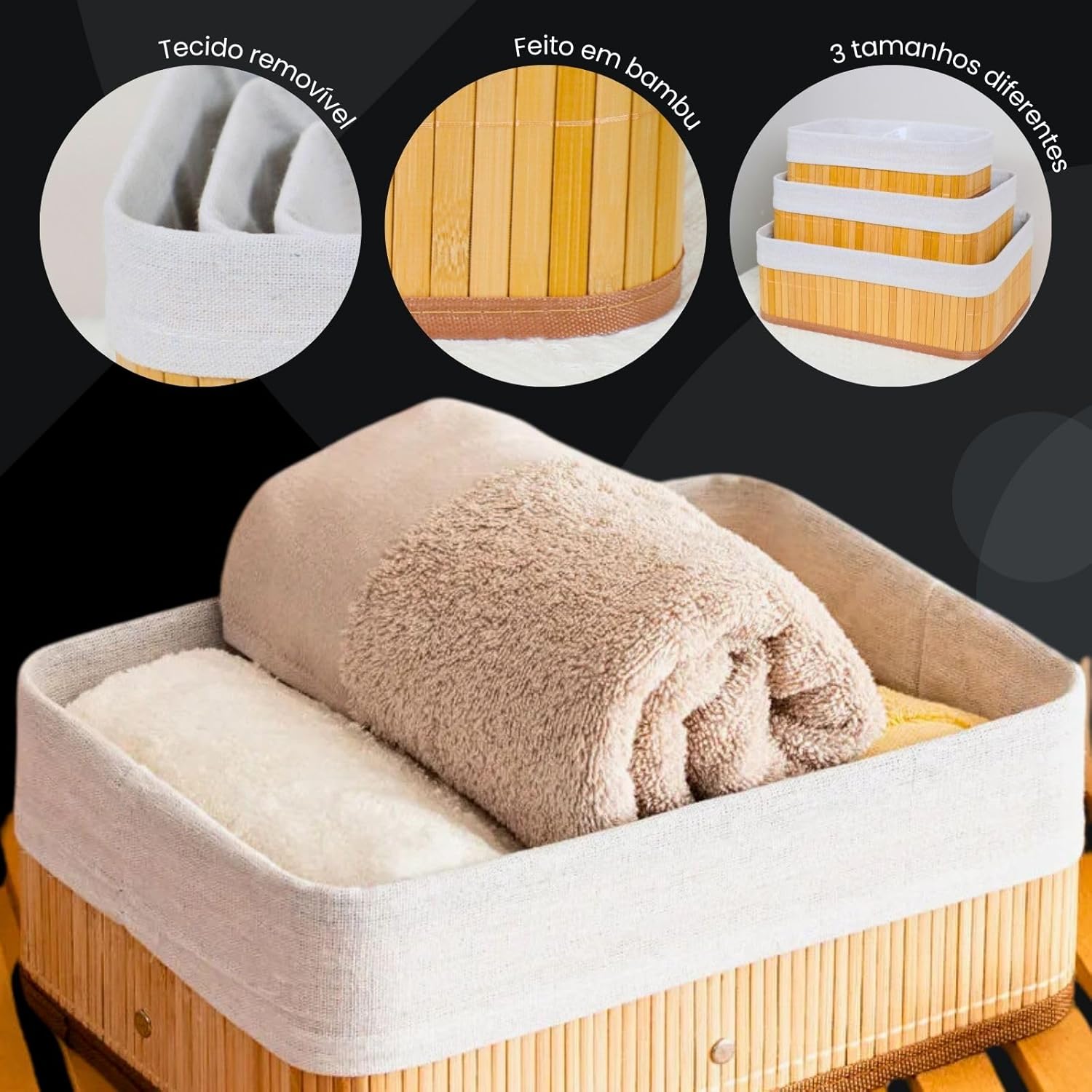 Cesto de bambu organizando uma toalha de rosto marrom enrolada, ideal para lavabos e banheiros.