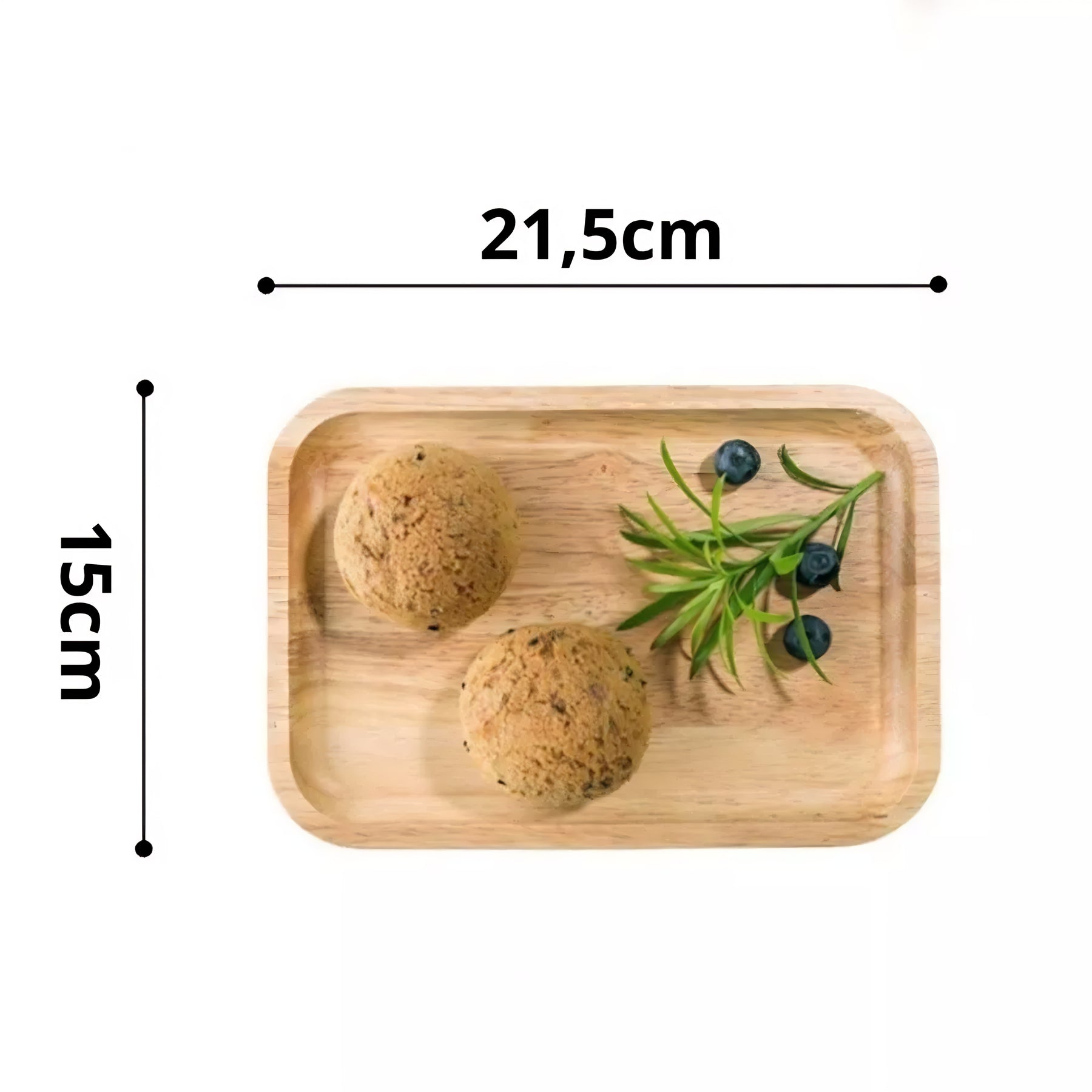 Bandeja de bambu pequena com 21,5cm por 15cm, decorada com biscoitos e raminhos