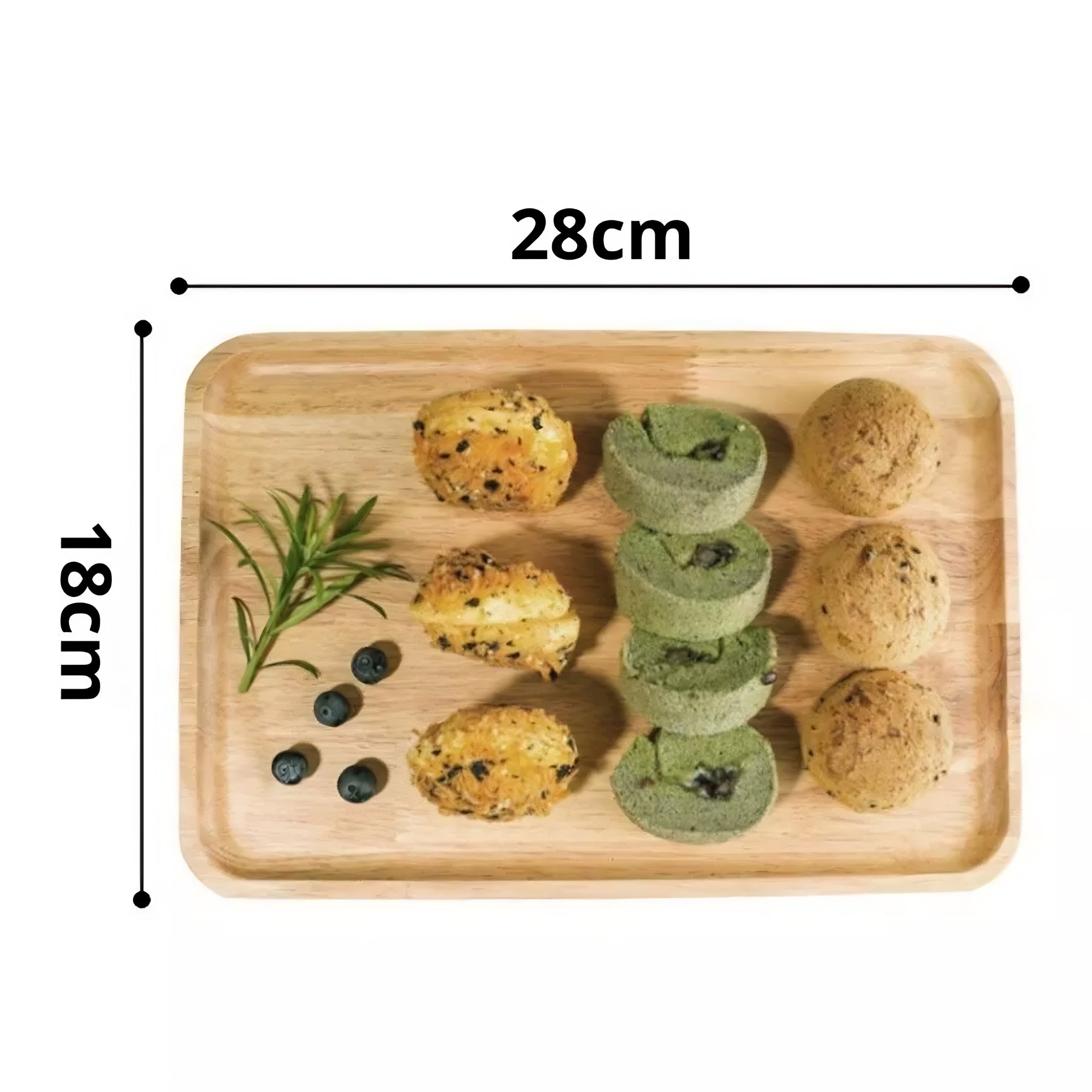 Bandeja de bambu grande de 28cm por 18cm com biscoitos verdes, pretos e ramos
