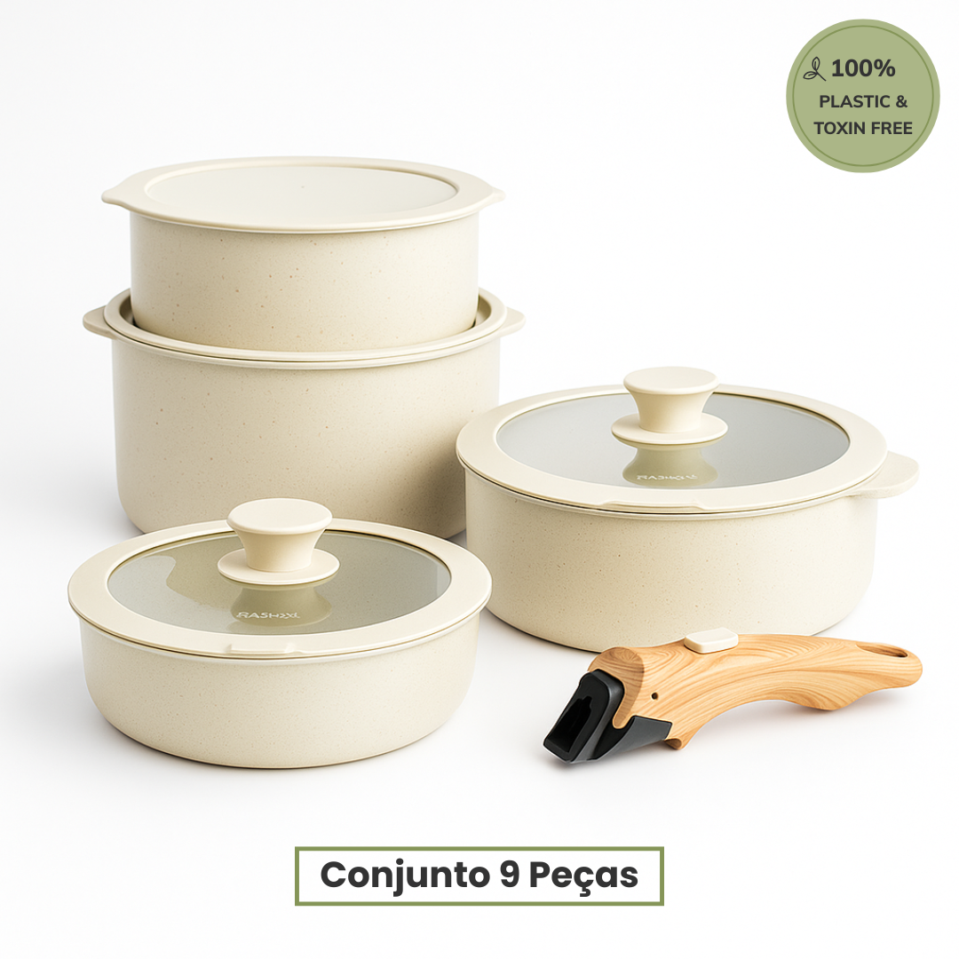 Conjunto de panelas cerâmicas com 9 peças, livres de plástico e toxinas.