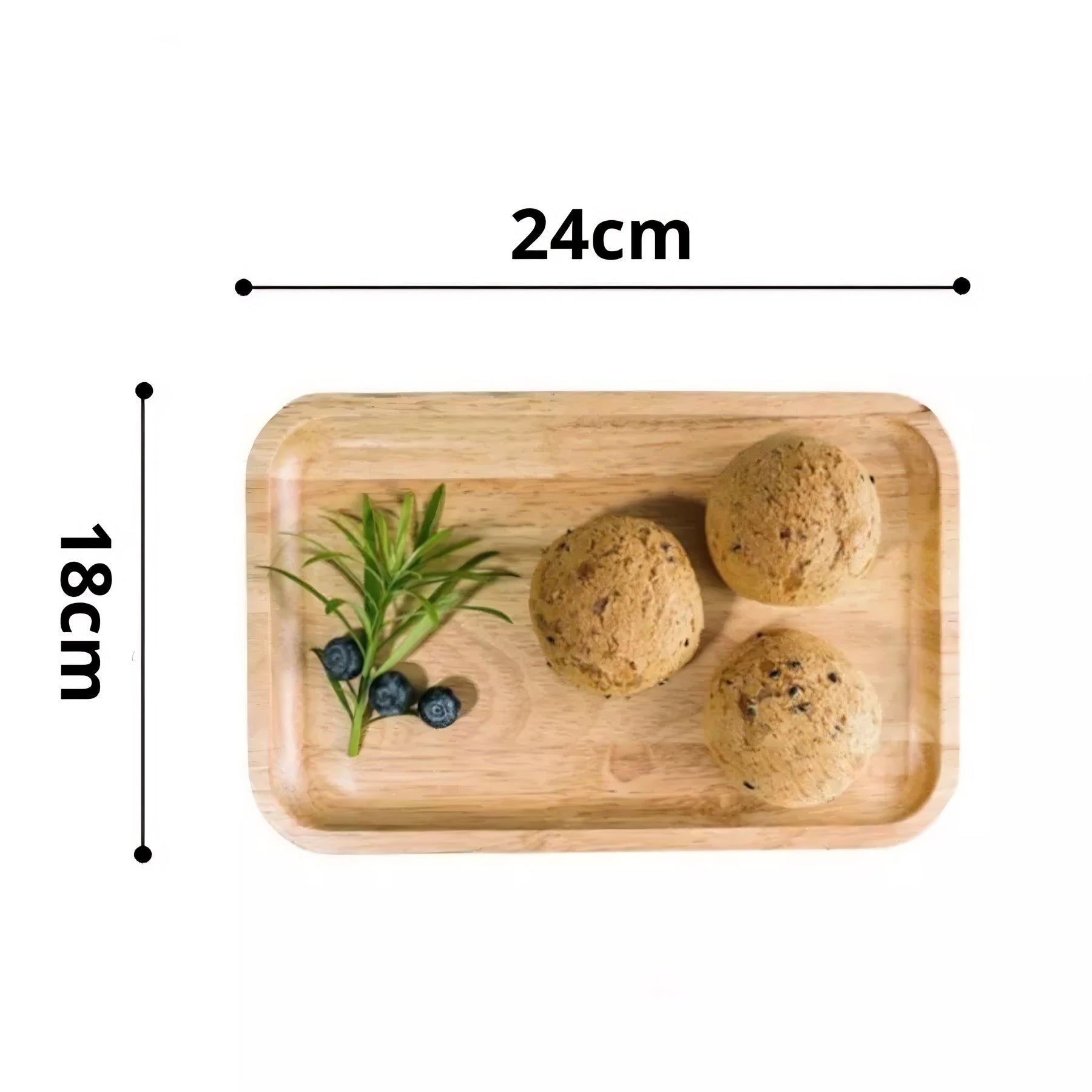 Bandeja de bambu média de 24cm por 18cm com biscoitos e raminhos verdes
