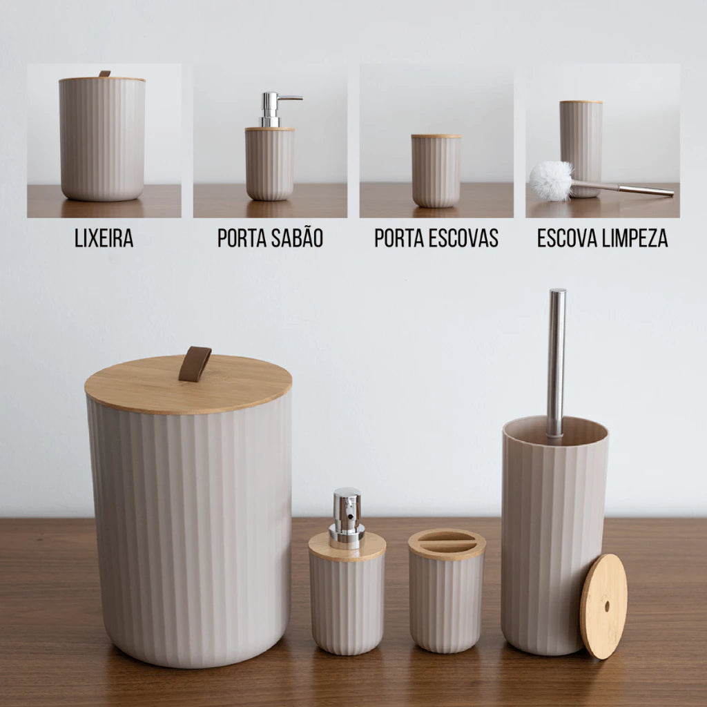 Kit completo de 4 acessórios para banheiro na cor branca com detalhes em bambu, em fundo branco isolado.