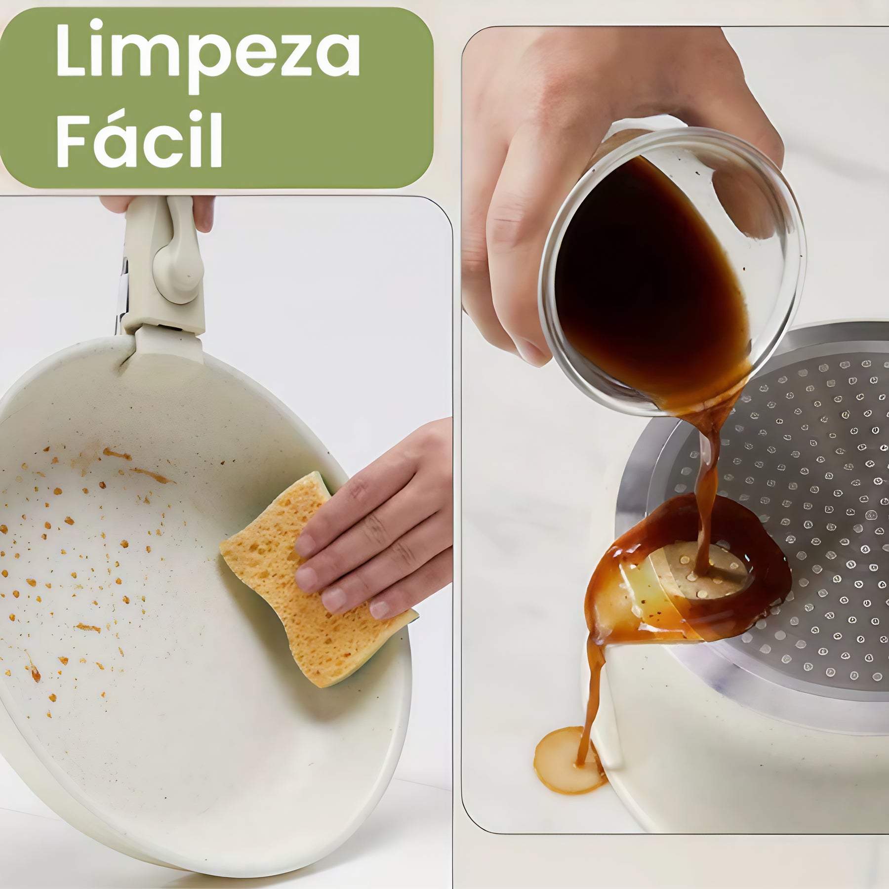 Panela sendo limpa facilmente, revestimento antiaderente e cerâmico.
