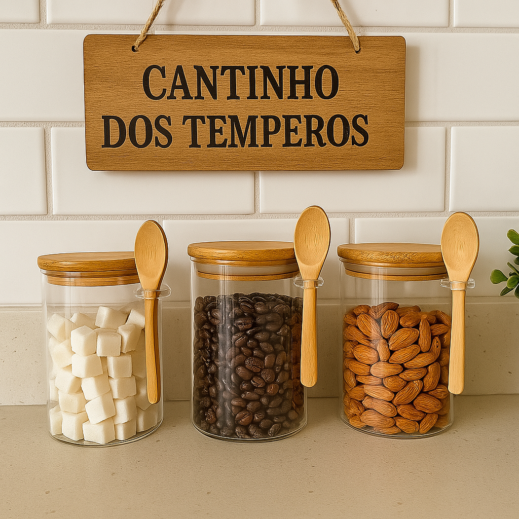 Potes de vidro com tampa de bambu e colher, armazenando açúcar, café e castanhas em cantinho de temperos.