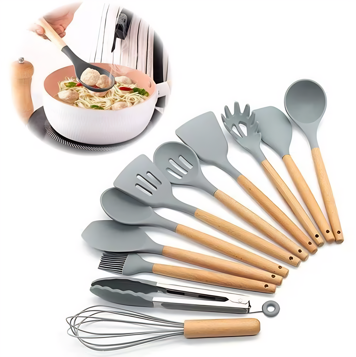 Todos os 12 utensílios de cozinha do kit de silicone e bambu, incluindo batedor, espátula e pinça, em fundo branco.