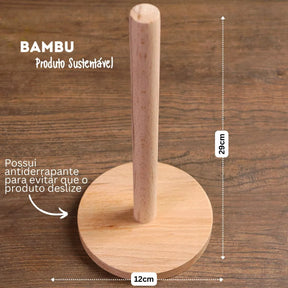 Suporte para papel toalha em bambu visto de cima com detalhe da base redonda