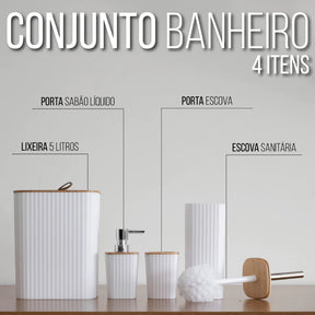 Kit de banheiro de 4 peças na cor branca com bambu, mostrando a lixeira, porta-escova, porta-sabonete e escova sanitária.