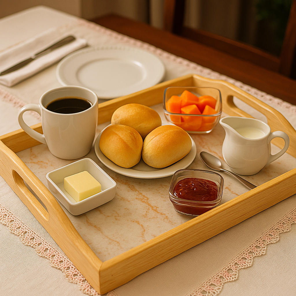 Bandeja de bambu com café da manhã servido com pães, café preto, geleia, manteiga e frutas frescas