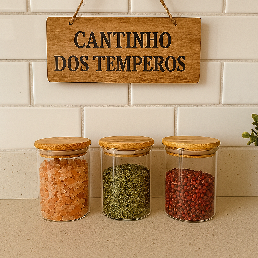 Kit de potes de vidro com tampa de bambu armazenando sal rosa, ervas e especiarias em cantinho de temperos

